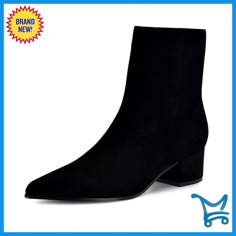 Pointy Toe Ankle Booties with Block Heel and Side Zipper Closure